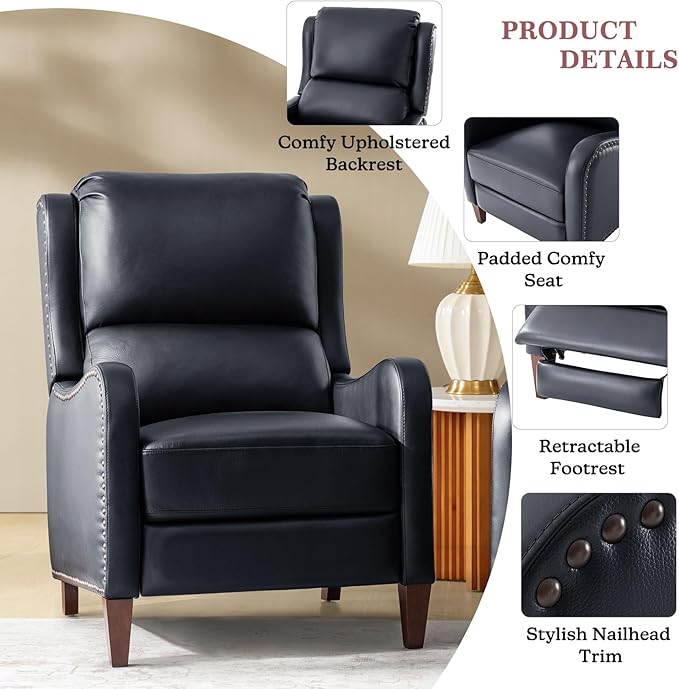 HULALA HOME Genuine Leather Recliner Chair Modern Push Back Recliner Armchair with Thick Seat Backrest &amp Footrest Nailhead Decor for Living Room Bedroom Navy