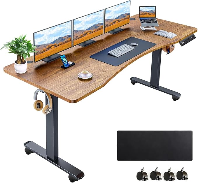 Electric Standing Desk 63 x 24 Inches Adjustable Height Ergonomic Curved Sit Stand Up Desk for Home Office Computer Desk Memory Preset with Wheels and Black Frame/Brown Top
