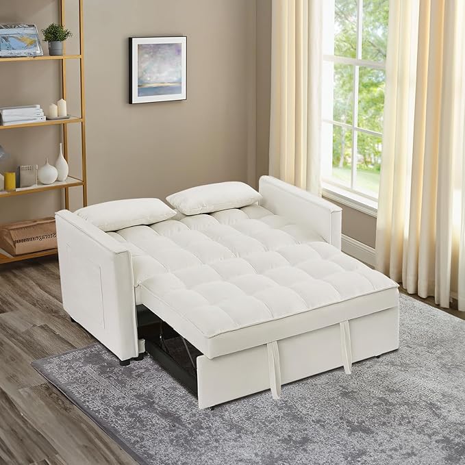 3 in 1 Convertible Sleeper Sofa Couch with Pull Out Bed55 Velvet Upholstered Futon Sofa BedModern Loveseat Sleeper Chaise with Adjustable Backrest for Living Room Guest Room Apartment(White)