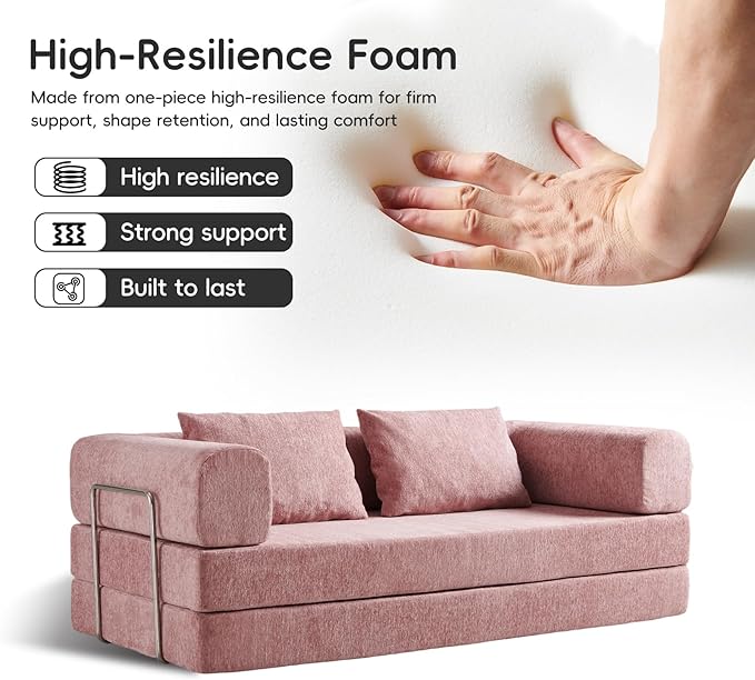 5-in-1 Convertible Folding Sofa Bed 79 Queen Chenille Boneless Couch with Removable Armrests No Assembly Loveseat Sleeper Sofa Modular Futon Couch for Living Room &amp Bedroom (Pink)