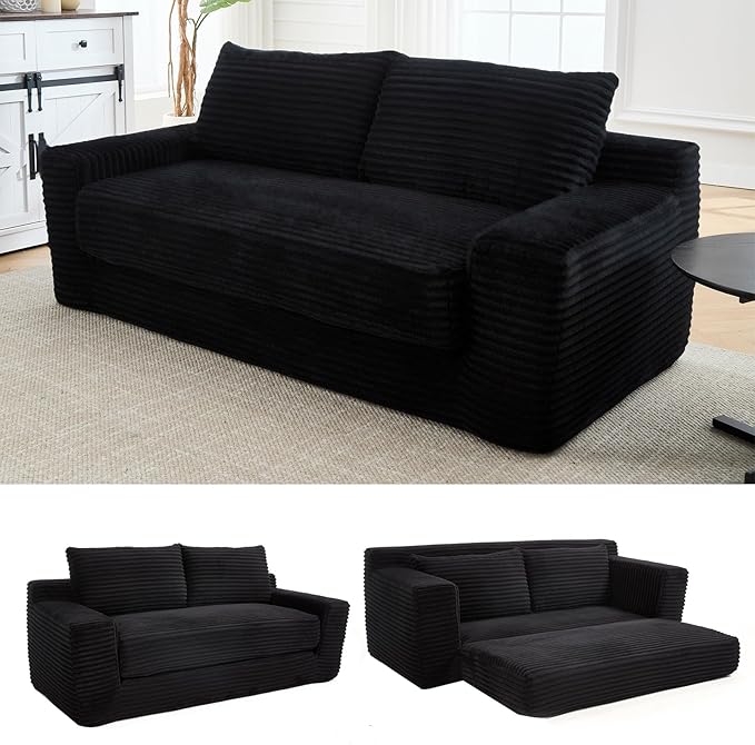 KIVENJAJA 70.87 Boneless Loveseat Sofa Modern 2-in-1 Convertible Sleeper Sofa Comfy Cloud Loveseat Couch Corduroy Small Boneless Couches for Living Room Small Space Bedroom Black