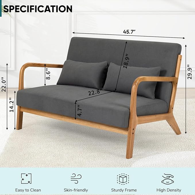 JOYBASE Loveseat Sofa for Small Space Mid-Century Modern Wood Love Seat Couch Sofa with Armrests for Living Room Apartment Office Bedroom (Dark Grey Fabric)
