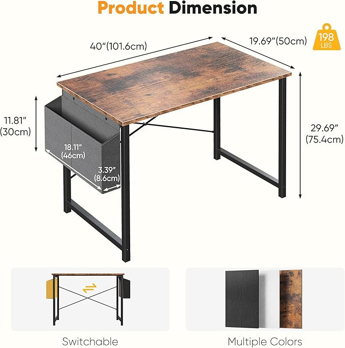 NEWBULIG 40 Inch Computer Desk Home Office Desks for Bedroom Writing Gaming Work Study Table with Storage Bag for Small Spaces Modern Workstation in Rustic Brown