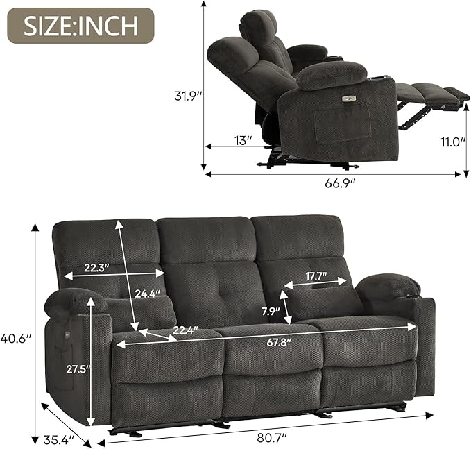 Power Reclining Sofa with Heat and Massage Electric Reclining Couch with Extended Footrest Wall Hugger Recliner Sofa 3 Seater with USB&ampType-c Ports for Living Room Bedroom(Grey)