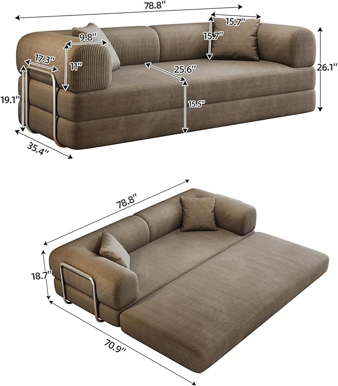 KEIKI 78.8 inch Compression Sofa Convertible Floor Sofa Bed Comfy Futon Couch Sleeper Bed Corduroy Folding Loveseats for Living Room Camel
