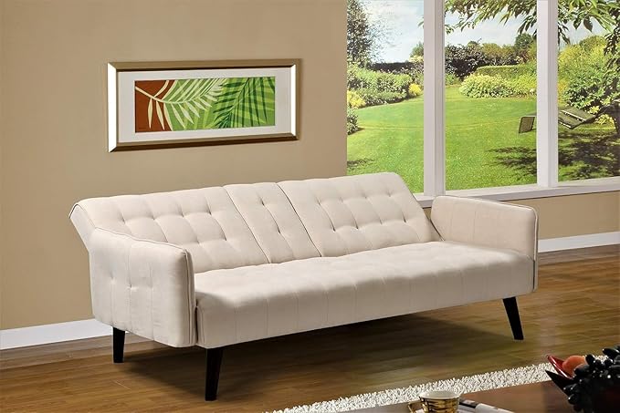 Leno 72 Sleeper Sofa Bed - Convertible Folding Backrest to Full Bed with Cup Holder &amp Drop-Down Table - Space Saving Linen Sofa for Small Spaces - Easy Assembly Beige