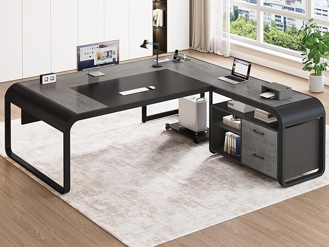 SEDETA 61 Inch Executive Desk Large Office Desk with File Drawer L Shaped Desk with Drawers Computer Desk with Mobile CPU Stand Storage Shelves Power Outlets for Home Office Gray