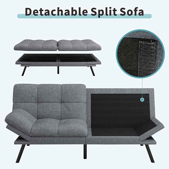 MUUEGM 71 Futon Sofa Bed Comfortable Memory Foam Futons Sofa with Adjustable Backrest &amp Armrests Convertible Loveseat Futon Bed for Compact Living Room Apartment Office Grey