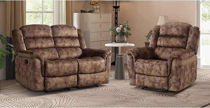 EBELLO 2 Pieces Reclining Couch Furniture Set Soft Fabric Manual Recliner Sofa Home Theater Seating Manual Recliner and Wide 3PC Bonded Sofa Set for Living Room Brown