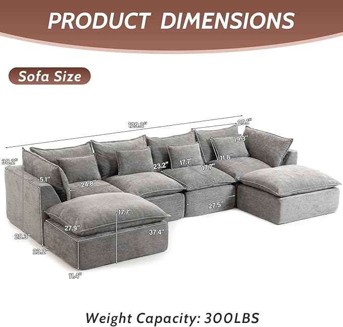 130 Oversized Cloud Sectional Sofa U Shaped Boneless 4-Seater Modular Couch with Ottoman Extra Deep Seat Compressed Foam Sofa for Living Room Gray