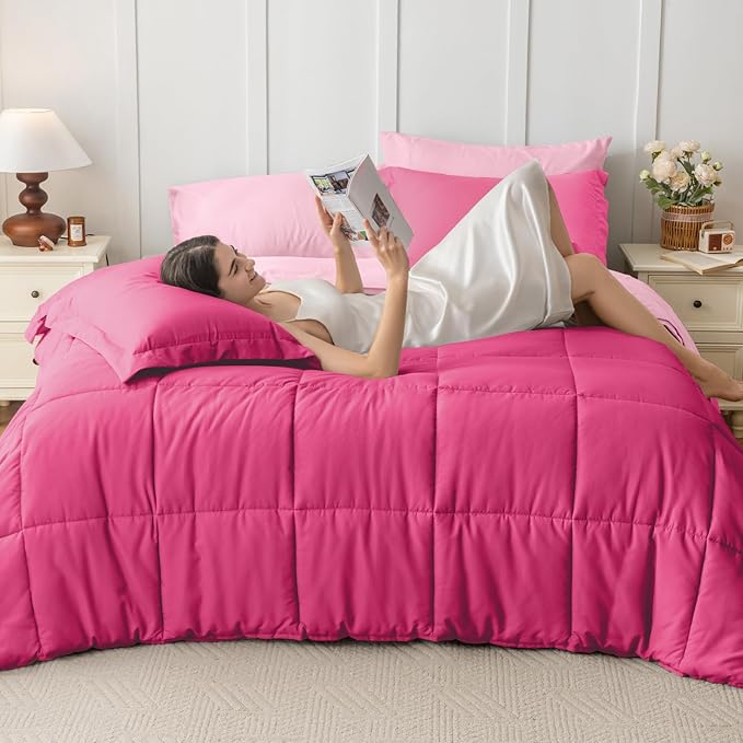JOLLYVOGUE Twin Comforter Set Ultra-Soft Bed in a Bag Twin Size 5 Pieces Oeko-TEX Certified Bedding Set with Down Alternative Comforter Sheets Pillowcases &amp Shams Hot Pink &amp Baby Pink