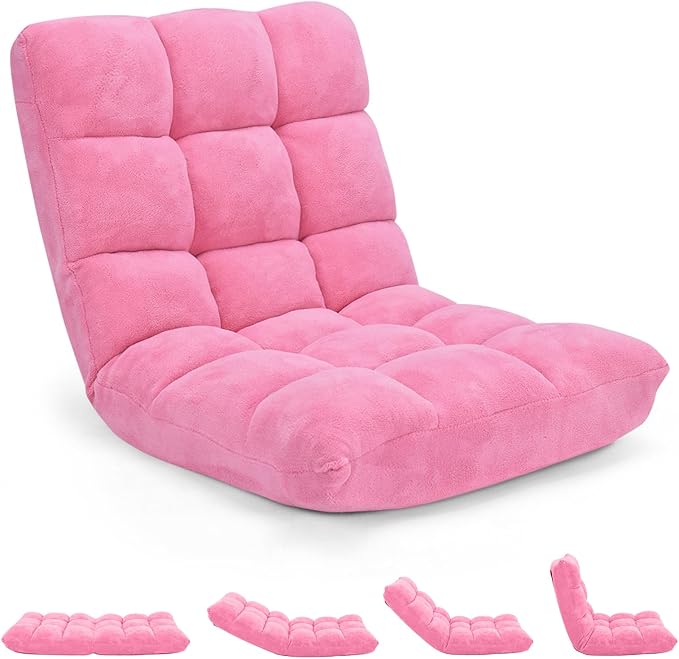 14-Position Floor Sofa Folding Gaming Sofa Chair Comfy Cushions &amp Study Steel Frame Angle Adjustable Sleeper Bed Couch Recliner (Pink)