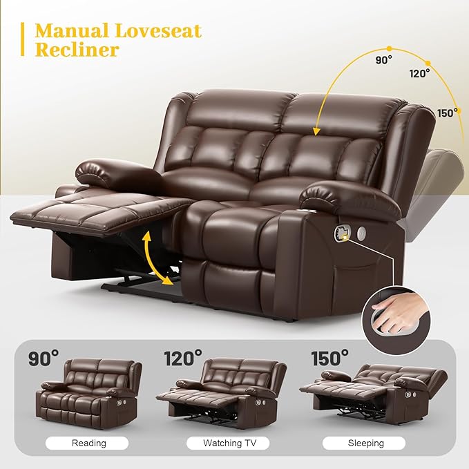 Loveseat Recliner Sofa PU Leather Reclining Loveseat with USB Charge Ports Cup Holders 2 Seater Manual Pull Tab Recliner Loveseat Couches for Living Room Brown