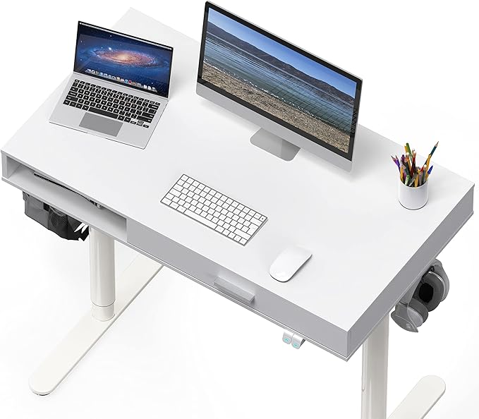SHW 40-Inch Height Adjustable Claire Electric Standing Desk with Drawer White