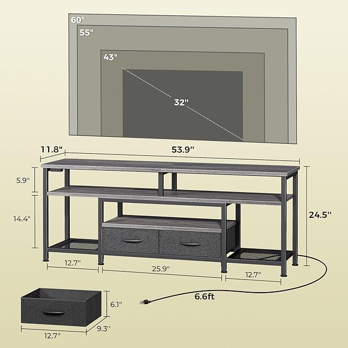 Huuger TV Stand for 55 60 Inch TV Entertainment Center with Power Outlets and LED Lights 54 Inch TV Console for Living Room Media Console with Drawers and Shelves Grey 8778HC