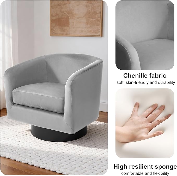 Swivel Barrel Accent Chair Modern Round Chenille Fabric Arm Chair for Living Room Bedroom Comfy Club Reading Chairs for Adults（Velvet Grey Set of 4