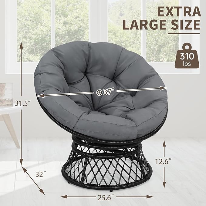 40 Ergonomic Wicker Papasan Chair 360° Swivel Indoor Outdoor Rattan Chair with Soft Thick Cushion Ideal for Living Room Bedroom Reading Room Black Frame with Dark Grey Cushion