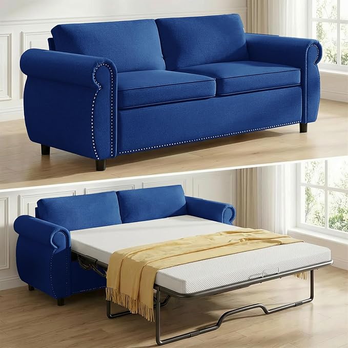 Mjkone 2 in 1 Pull Out Sofa Bed Full Size with Tri-Folding Mattress Convertible Sleeper Sofas Couch with Pullout Bed Pull Out Couch Beds with Nailhead Armrests for Living Room Home Office Blue