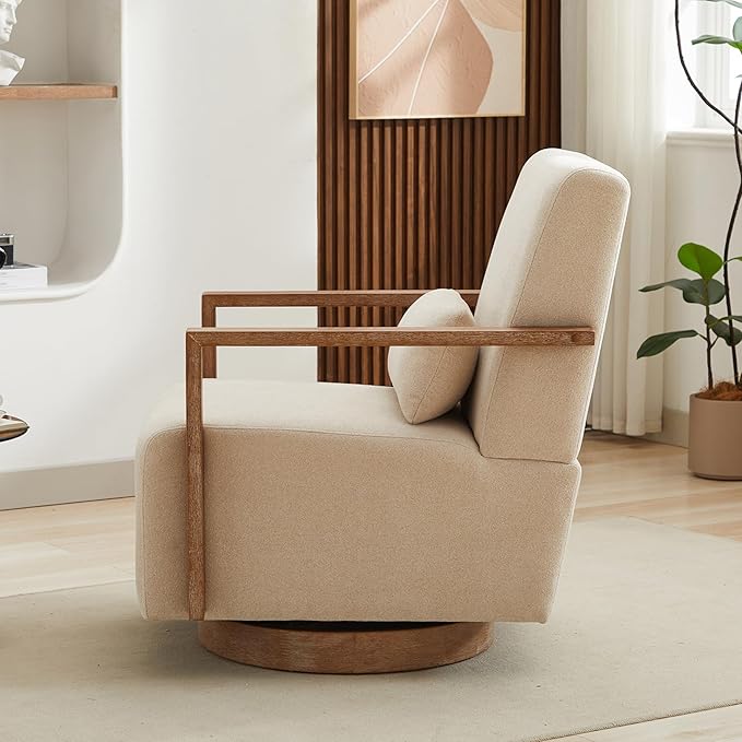 Beige Swivel Accent Chair Mid Century Modern Swivel Barrel Chair for Living Room Comfy Accent Chair 360 Degree Upholstered Armchair for Bedroom Nursery Linen