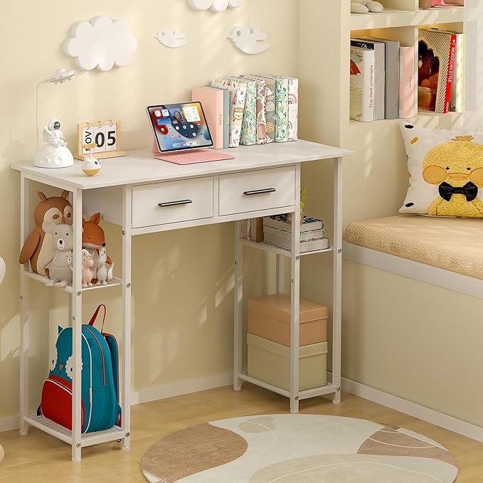 White Computer Desk with Drawers 37.3 Inch Home Office Work Desk with Storage Shelf Kids Teens Study Table for Small Space Small Writing PC Table for Bedroom Makeup Vanity Desk