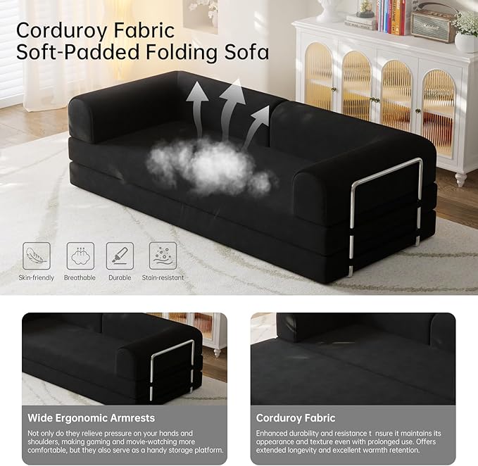 79” Convertible Sofa Bed 35D High-Density Foam&ampCorduroy Fabric Sleeper Couch Bed Fixed-Shape Frame &amp Removable ArmrestsModular Folding Small Loveseat Futo Sectional Funto Couch for Small S