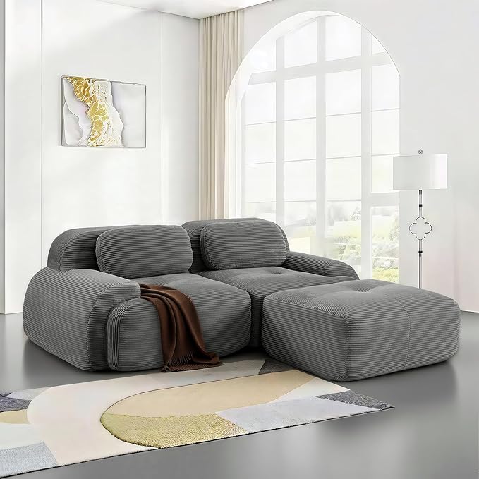 SoarFlash 81” Sectional Cloud Boneless Sofa Couches for Living Room-2 Seater L-Shaped Modern Lounge Couch-No Assembly Modular Corduroy Convertible Sponge Sleeper Sofas with Chaise for Home HouseGrey