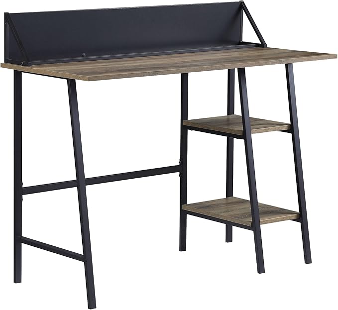 Penau Rustic Oak Writing Desk with Black Finished Legs 2-Tier Shelf Smartphone Holder Modern Design for Home Office