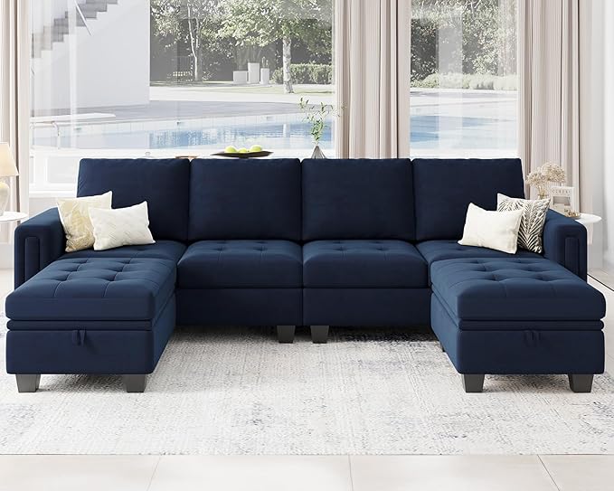Belffin Velvet U Shaped Sectional Sofa Couch with Storage Ottoman Convertibel Sectional Sofa with Reversible Chaises Blue