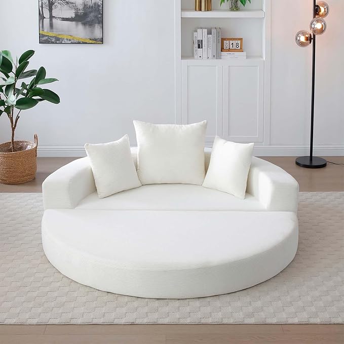 67-inch Convertible Futon Sofa Bed Round Folding Comfy Corduroy Upholstered Couch Bed with 3 Pillows Boneless Floor Lazy Loveseat Sofa for Living Room Apartment Small Spaces Pinstripe Beige