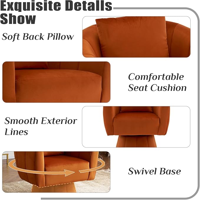 Swivel Accent Chair Set of 2 Modern 360°Swivel Barrel ChairComfy Velvet Fabric Living Room Chair with Fluffy CushionsUpholstered Armchair for Living RoomBedroomLounge (Orange)