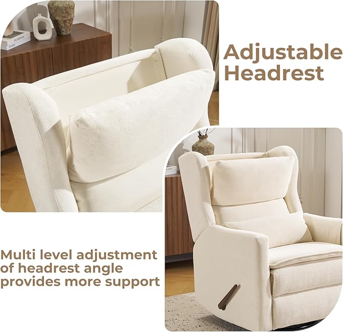 Swivel Rocker Recliner for AdultsGlider Rocking Chair with Adjustable HeadrestRocking Recliner Chair for NurseryManual Recliner Chair with Double CushionChenilleWhite
