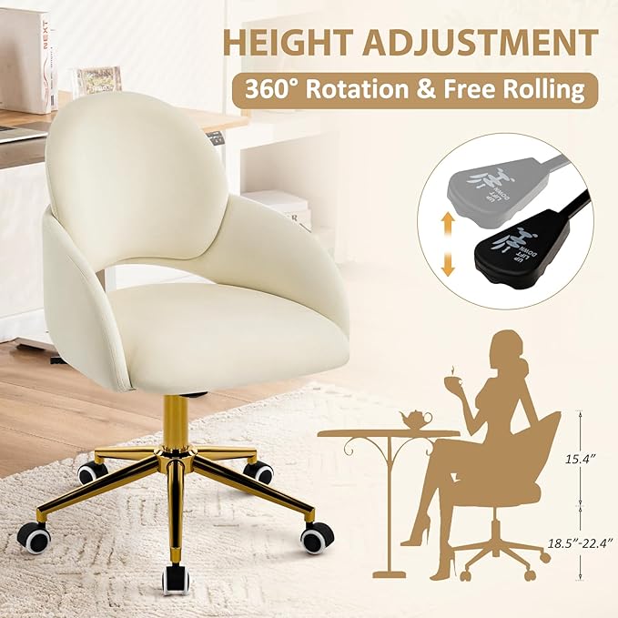 Furniliving Vanity Chair with Wheels Cute Upholstered Office Chair with Hollow-Out Back Height Adjustable Rockable Accent Chair with Gold Metal Base for Bedroom Makeup Room or Living Room (White)