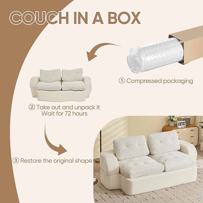 Sofa Bed Couch Convertible Futon Sofa Bed Foldable Boneless Couch No Assembly Love Seat Mattress Sleeper for Living Room Bedroom Apartment Beige