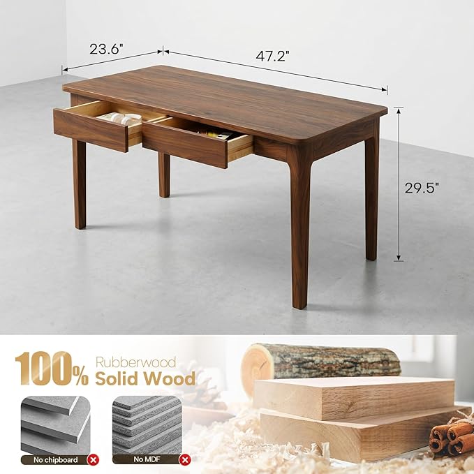 47 Executive Computer Desk with Smooth Drawers Walnut - 24 Deep Modern Minimalist Dual-Monitor Workstation Heavy-Duty
