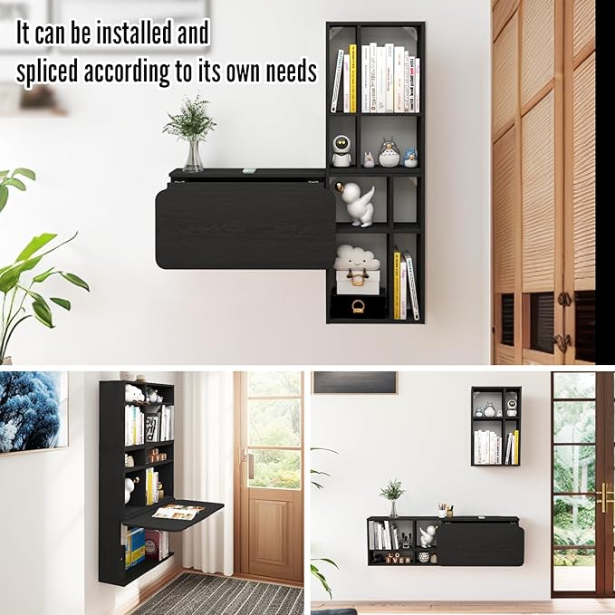 Floating Desk with Storage Shelves 82'' Wall Mounted Desk Laptop Writing Study Table Folding Drop Leaf Table Multifunctional Computer Workstation for Narrow Small Space