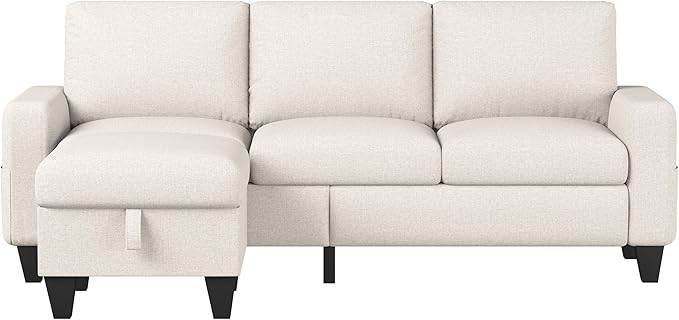 Convertible Sectional Sofa L-Shaped Couch Beige Couches for Living Room with Reversible Chaise 3-Seat Modern Linen Sectional Couches for Living Room/Apartment/Office/Small Space