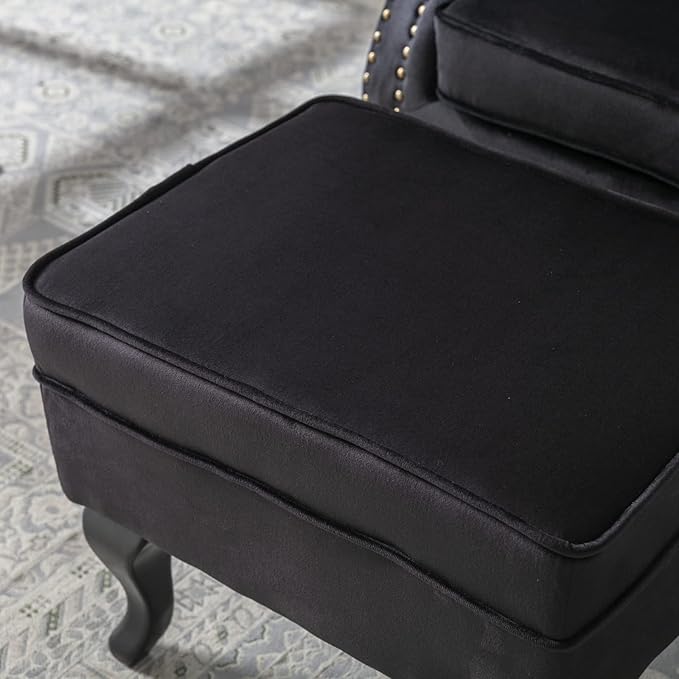 Mid Century Modern Accent Chair Upholstered Armchair Comfy Velvet Tufted Wingback Single Sofa with Ottoman for Bedroom Living Room Black