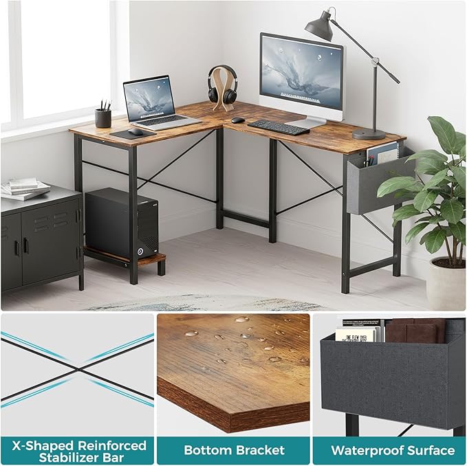 OLIXIS L Shaped Desk 50-Inch Office Computer Gaming Desks Corner PC Table with Side Bag and Reversible Shelf for Home Work Study Writing Rustic Brown