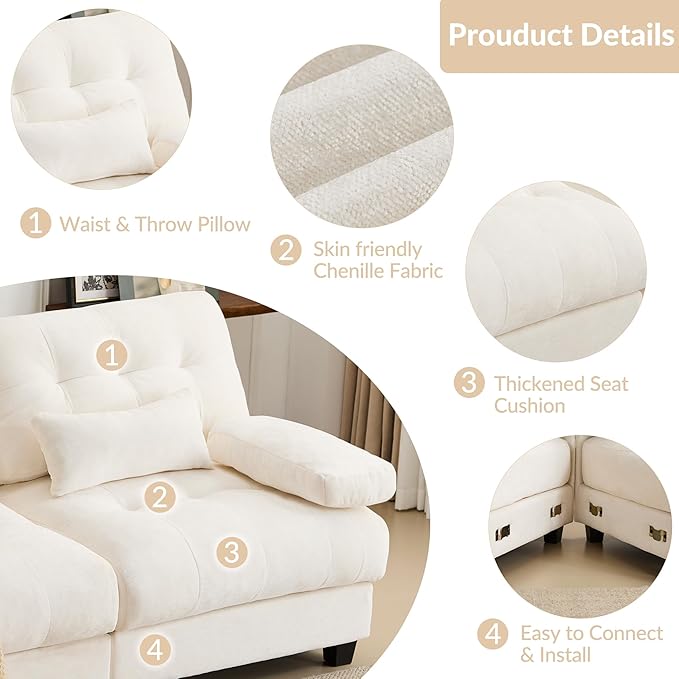 67'' Modern Chenille Love Seat Sleeper Cloud Couch BedConvertible Cozy Deep Seat Couches with Wide Armrest &amp Throw Pillows for Living RoomHomeBedroom(Ivory)