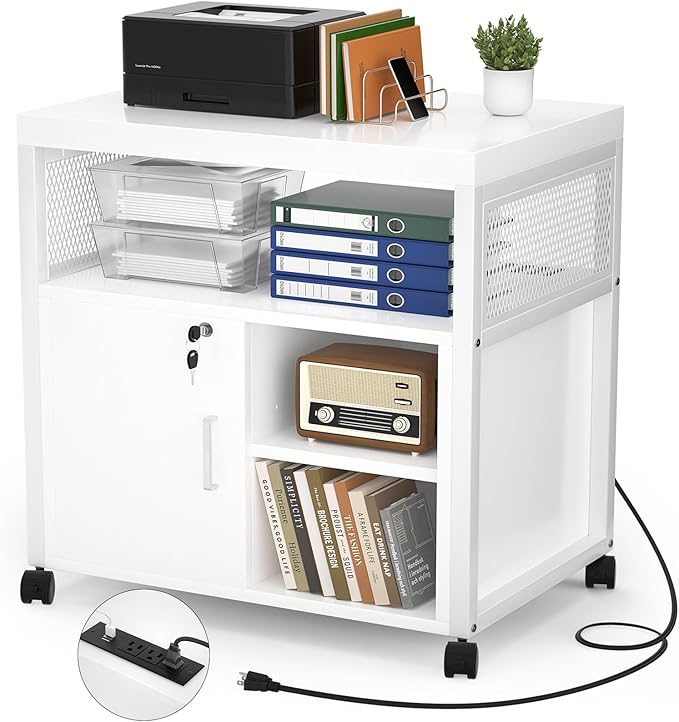 Unikito Rolling File Cabinet Lateral Office Filing Cabinets with Socket and USB Charging Port Modern Printer Stand on Wheels Printer Cabinet with Door and Open Storage Lockable White