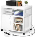 Unikito Rolling File Cabinet Lateral Office Filing Cabinets with Socket and USB Charging Port Modern Printer Stand on Wheels Printer Cabinet with Door and Open Storage Lockable White