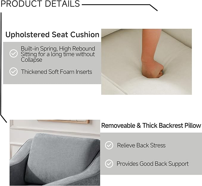 UIXE Accent Chairs Set of 2 Chenille Upholstered Armchair for Living Room Comfy Arm Chair Single Sofa Bedroom Retro Reading Seat with Solid Wood Legs - Gray