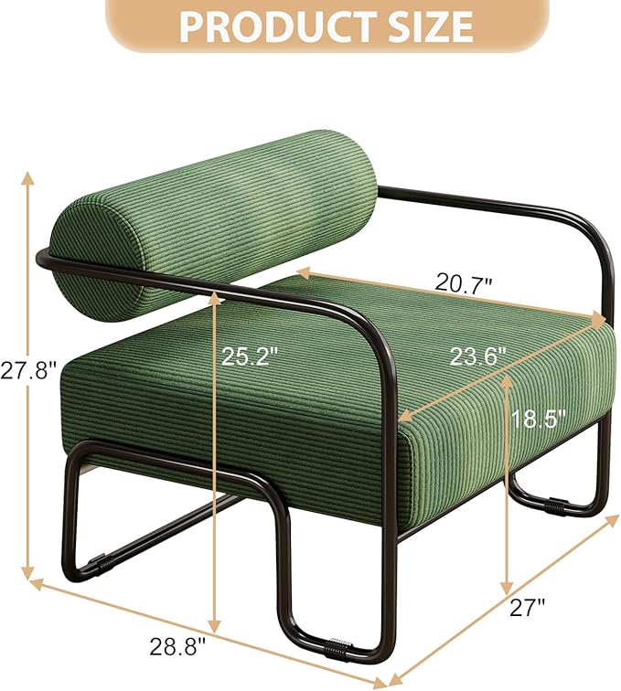 cinkehome Modern Accent Arm Chair for Living Room Corduroy Fabric Upholstered Armchair with Metal Frame Comfy Reading Club Chair Green