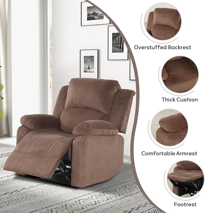 EBELLO Classic Recliner Manual Chair with Soft Padded Headrest and Armrest Overstuffed Recliner Single Sofa Chair for Living Room Bedroom Brown
