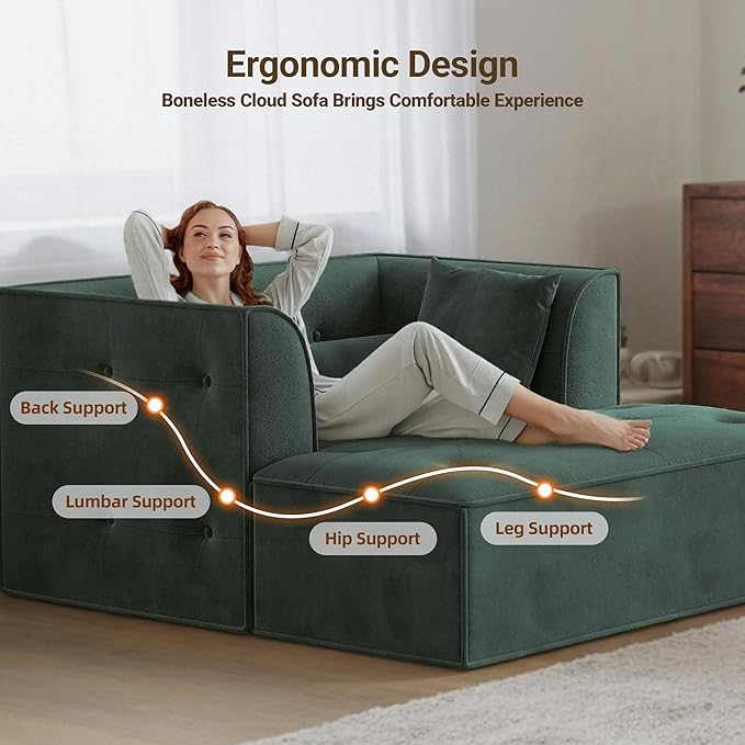 62 Chaise Lounge Chair IndoorDeep Seat Sleeper Sofa Cloud Couch with 3 Soft Pillows and OttomanComfy Cloud Seat for Living Room Apartment Office(Green Chaise Lounge+Ottoman)