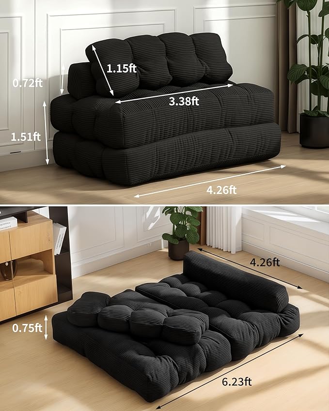 3-in-1 Folding Sofa Bed Convertible Single Futon Couch Bed with Back Support and Pillow Portable Fold-Out Chair Bed for Living Room and Bedroom Lounge