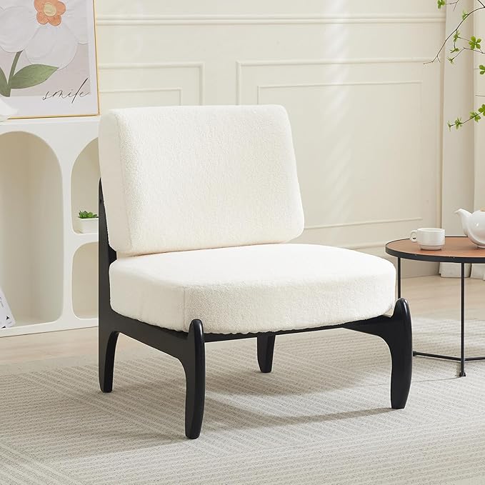 Qulomvs Modern Accent Chair Mid Century Accent Chair with Wooden Frame Upholstered Comfy Reading Chair Armless Side Sofa Chair for Living Room Bedroom (White Teddy Fabric)