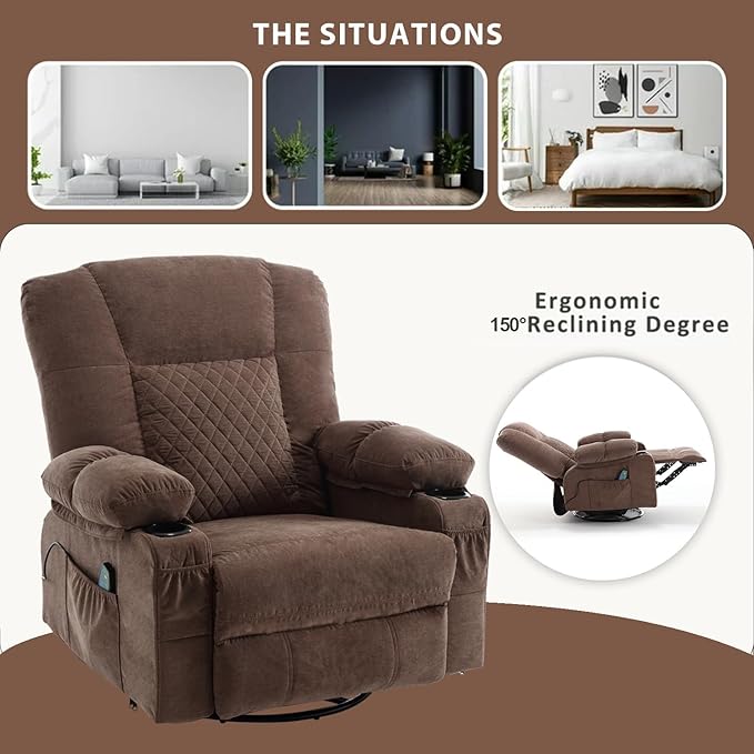 Oversized Rocker Recliner Chair with Massage and Heat Overstuffed Fabric Swivel Recliners Lounge Chairs for Adults Manual Home Theater Recliner with Cup HoldersUSB Charge PortBrown