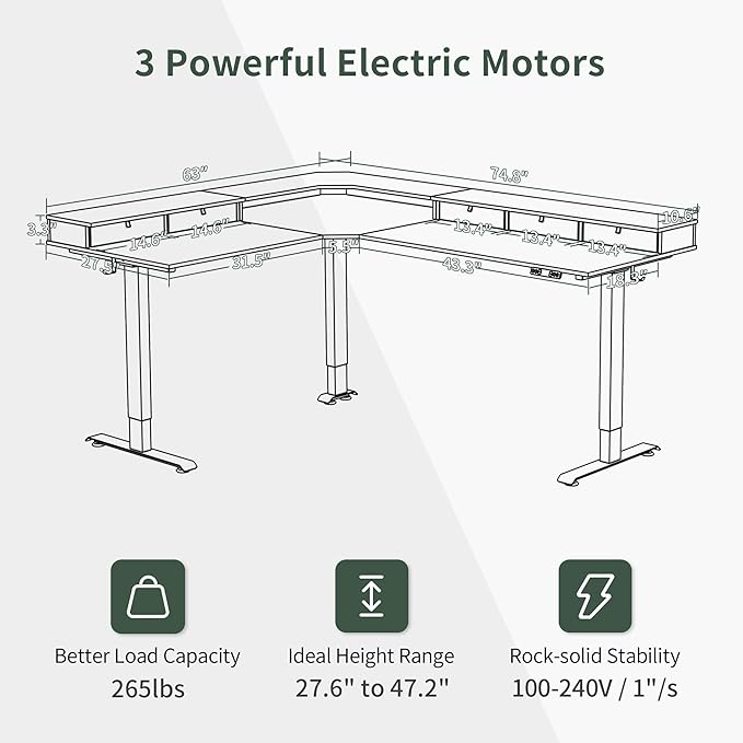 BANTI Triple Motor 75 L-Shape Standing Desk with 5 Drawers Sit Stand Home Office Desk Computer Workstation Corner Standing Desk with Spliced Panels Black Walnut Top