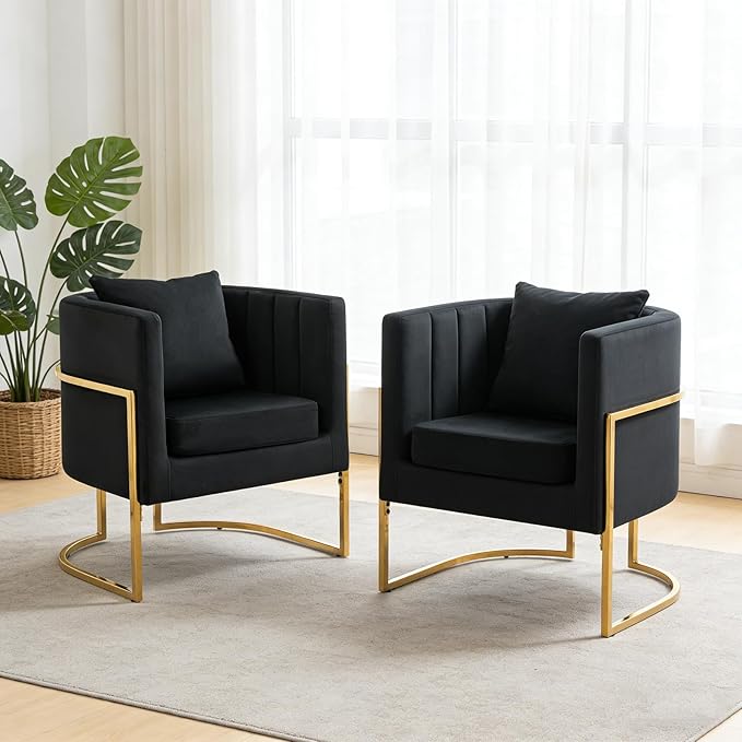 Modern Velvet Barrel Armchair with Lumbar Pillow Mid-Century Upholstered Accent Chair for Living Room Bedroom Single Sofa Club Reception Chair with Golden Metal Legs Black